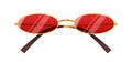 Fashion sunglasses with red oval lenses. Stylish vintage sun glasses with narrow thin gold rim. Summer eyewear. Trendy