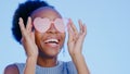 Fashion, sunglasses and smile, black woman in studio with cool, trendy summer style and creative mockup. Happiness