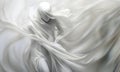 Silhouette of a woman draped with white sensual flowing flying silk cloth. illuminated