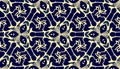 Fashion Tapestry Pattern. Indigo Golden Seamless Kaleidoscope. Royal Blue Baroque Rapport. Decorative Textile Print. Abstract