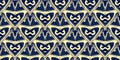 Fashion Tapestry Pattern. Indigo Golden Seamless Wallpaper. Royal Blue Vintage Texture. Decorative Textile Print. Abstract Brocade