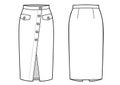 Fashion technical drawing of midi wrap skirt with buttons on front