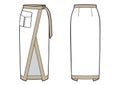 Fashion technical drawing of midi wrap skirt with side belt clasp