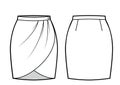 Fashion technical drawing of short wrap skirt with folds