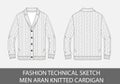Fashion technical sketch men knit aran single-breasted cardigan