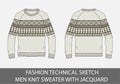 Fashion technical sketch men knit sweater with jacquard Royalty Free Stock Photo