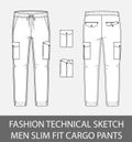 Fashion technical sketch men slim fit cargo pants with 2 patch pockets Royalty Free Stock Photo