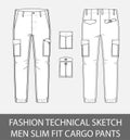 Fashion technical sketch men slim fit cargo pants with 2 patch pockets
