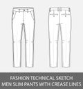 Fashion technical sketch men slim fit pants with crease lines