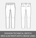 Fashion technical sketch men slim fit pants with crease lines Royalty Free Stock Photo