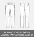 Fashion technical sketch men slim fit pants with crease lines