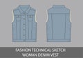 Fashion technical sketch woman denim vest