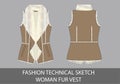 Fashion technical sketch woman fur vest