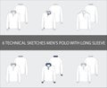 Fashion technical sketches set of men`s Long Sleeve Polo Shirts