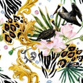 Fashion Textile seamless pattern design with golden curl pelican, lotus, diamond, tropical flower, leopard skin Royalty Free Stock Photo