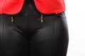 Closeup of woman pants made of synthetic material