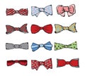 Fashion tie bow accessories cartoon with tied ribbons set for Christmas invitation. Color bow for lady and gentleman for