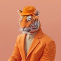 Fashion tiger in jacket. Orange color monochrome portrait. Generative AI