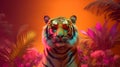 Fashion tiger wearing sunglasses in hipster style on tropical background. Beautiful tiger. Summer seamless. Tiger animal