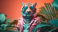 Fashion tiger wearing sunglasses in hipster style on tropical background. Beautiful tiger. Summer seamless. Tiger animal