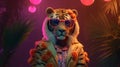Fashion tiger wearing sunglasses in hipster style on tropical background. Beautiful tiger. Summer seamless. Tiger animal