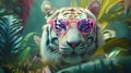 Fashion tiger wearing sunglasses in hipster style on tropical background. Beautiful tiger. Summer seamless. Tiger animal