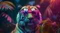 Fashion tiger wearing sunglasses in hipster style on tropical background. Beautiful tiger. Summer seamless. Tiger animal