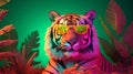 Fashion tiger wearing sunglasses in hipster style on tropical background. Beautiful tiger. Summer seamless. Tiger animal