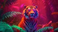 Fashion tiger wearing sunglasses in hipster style on tropical background. Beautiful tiger. Summer seamless. Tiger animal