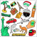 Fashion Travel Badges, Patches, Stickers. Architecture, Adventure, World Cruise in Comic Style