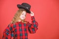 Fashion trend. Feeling awesome in this hat. Girl cute kid wear fashionable hat. Small fashionista. Cool cutie