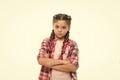 Fashion trend. Girl confidently crossed arms on chest. Child little girl colorful braids fashionable hairstyle isolated