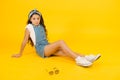 Fashion trend. Little fashionista. Cute small kid fashion girl. Fashion accessories. Summer outfit concept. Girl long Royalty Free Stock Photo