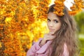 Fashion trendy beauty girl autumn portrait. Brunette woman over