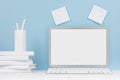 Fashion trendy office desk - white stationery, blank laptop computer on soft light blue background. Royalty Free Stock Photo