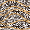 Fashion trendy seamless pattern with gold chains and leopard skin on white background