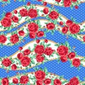 Fashion trendy seamless pattern with rose flowers and gold chains on polka dots blue background Royalty Free Stock Photo