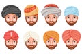Fashion turban headdress arab indian culture sikh sultan bedouin cute beautiful man head hat isolated icons set cartoon