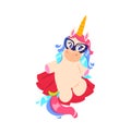 Fashion unicorn. Isolated little pony with rainbow tail in glasses and red skirt. Cartoon fairytail hero print vector