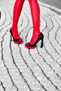 Fashion urban womens legs, heels. Black white, red