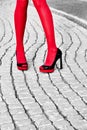 Fashion urban womens legs, heels. Black white, red