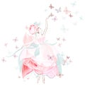 Fashion vector illustration with ballerina dancer in pink rose dress and butterflies