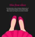 Fashion vector illustration of beauty girl legs. Woman in red dress and shoes. View from above.