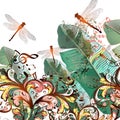 Fashion vector illustration with dragonflies, music notes and sw Royalty Free Stock Photo