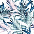 Fashion vector illustration with tropical palm leaves in pink and blue color, watercolor style Royalty Free Stock Photo