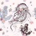 Fashion vector pattern with marine jellyfish and flowers Royalty Free Stock Photo