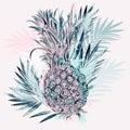 Fashion vector tropical illustration with pineapple and palm leaves