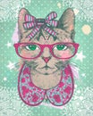Fashion vintage graphic card with hipster cat woman against green polks dots backrop.