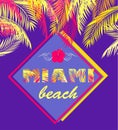 Fashion print with Miami beach lettering with yellow and pink palm leaves on violet background for Tshirt, bag, label, tags, summe