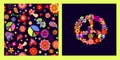 Fashion vivid print and seamless wallpaper with Peace Hippie flower Symbol, flower-power, rainbow, fly agaric, butterfly and paisl